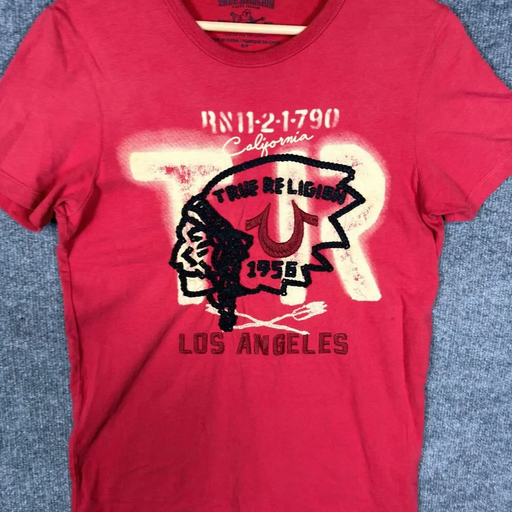 True Religion Mens Graphic T Shirt Size S Red Embroidered Los Angeles Logo Tee